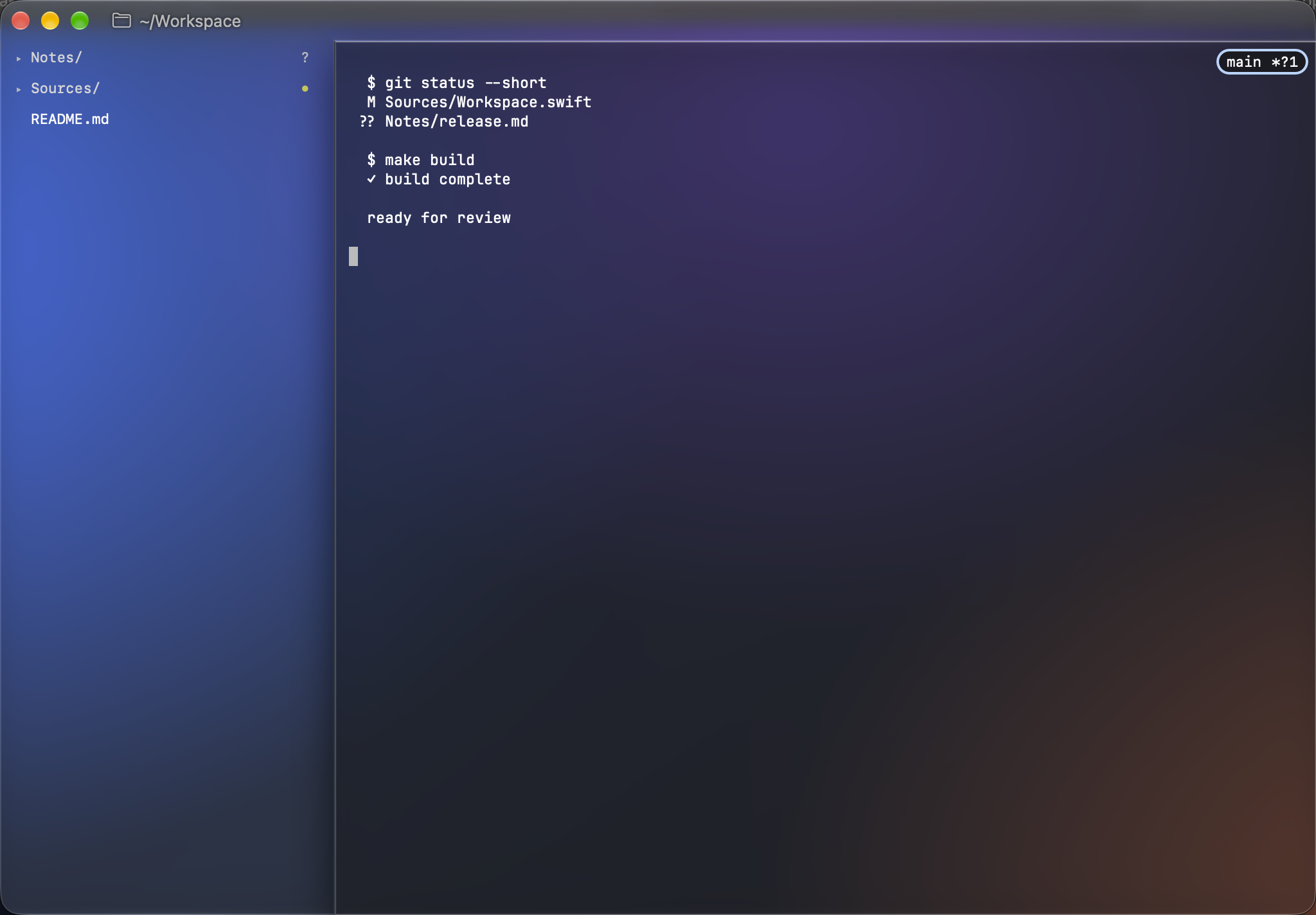 baia window showing the Files sidebar, project path picker, terminal, and status controls